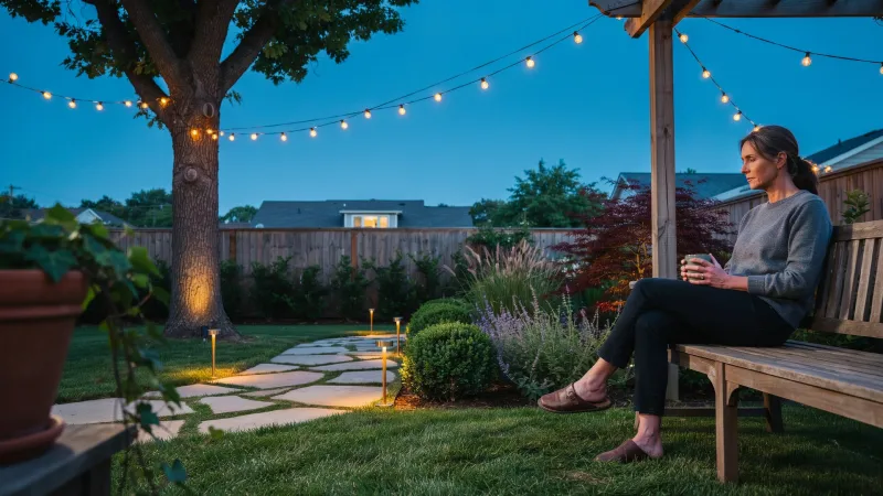 Layered garden lighting with path lights and warm string lights in a small backyard