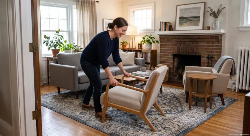 Living room furniture arrangement ideas showing a sofa, chairs, rug, focal point, and clear walking path