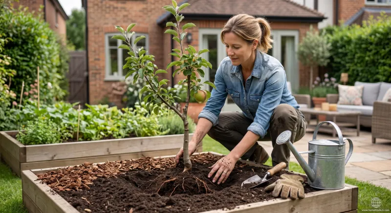 Planting and caring for a dwarf fruit tree in a backyard