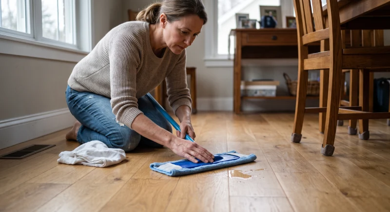 Homeowner cleaning hardwood flooring with a slightly damp microfiber mop