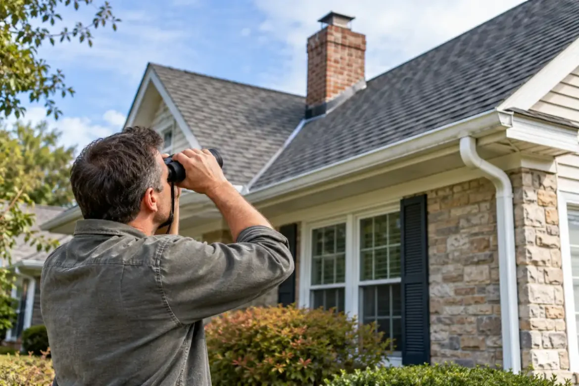 Homeowner performing a roof leak prevention inspection from the ground