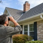 Homeowner performing a roof leak prevention inspection from the ground