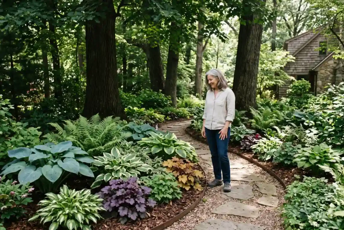 Shade garden ideas with layered plants beneath mature trees