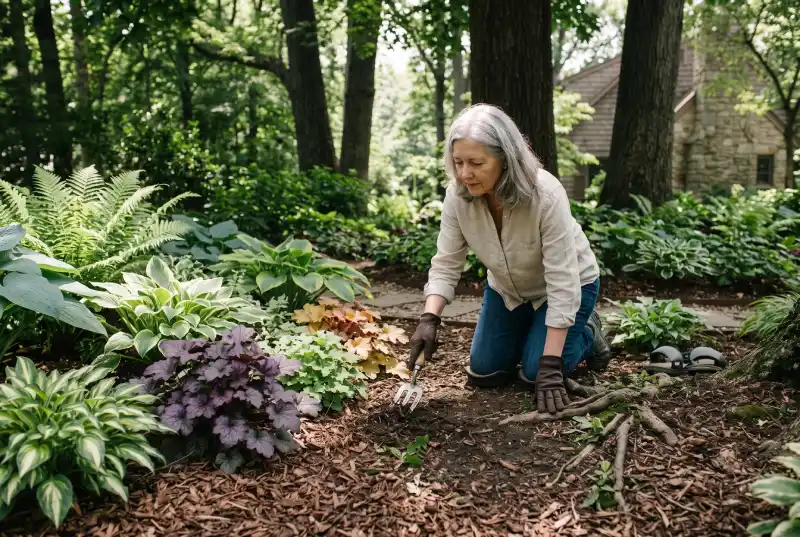 Preparing soil with compost and mulch for a shade garden