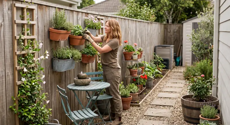 Small backyard garden ideas using vertical planters, trellis, and space-saving decor