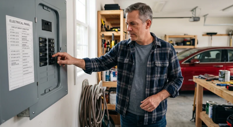 Homeowner safely testing circuit breakers during electrical panel maintenance