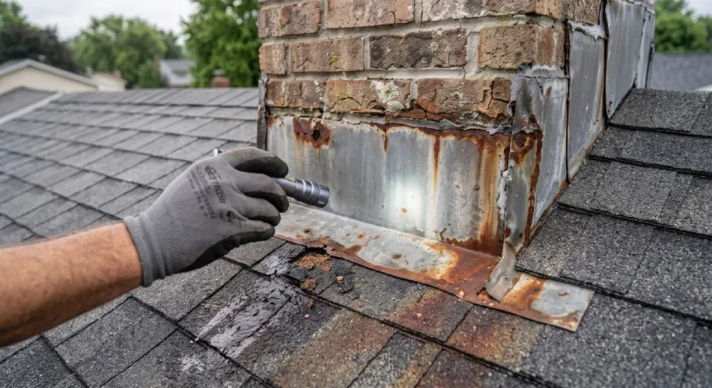 Rust and gaps visible around damaged chimney flashing on a shingle roof