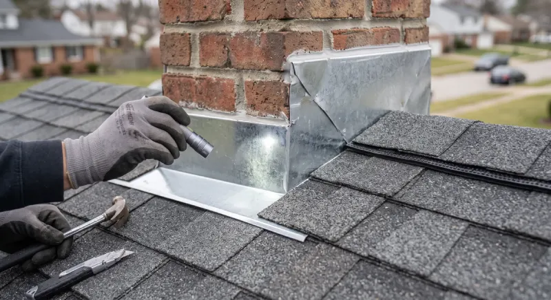 Roofer installing step flashing between shingles and a brick chimney
