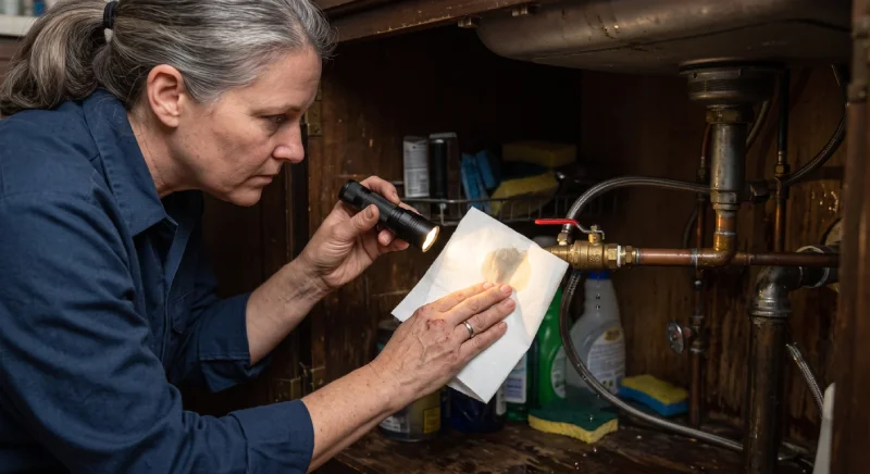 Using a paper towel to detect moisture from a leaking pipe joint