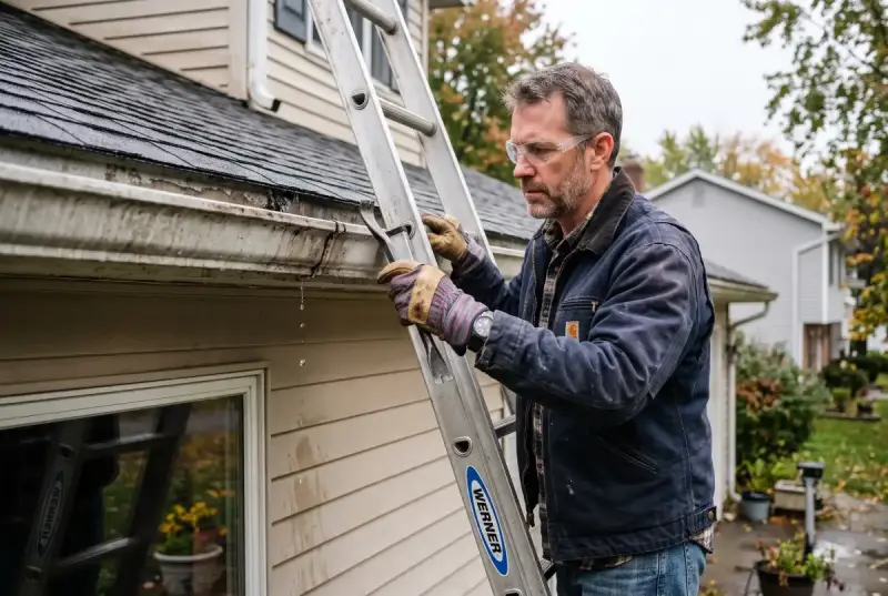 Homeowner applying sealant during DIY gutter leak repair