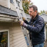Homeowner inspecting a leaking gutter seam during gutter leak repair