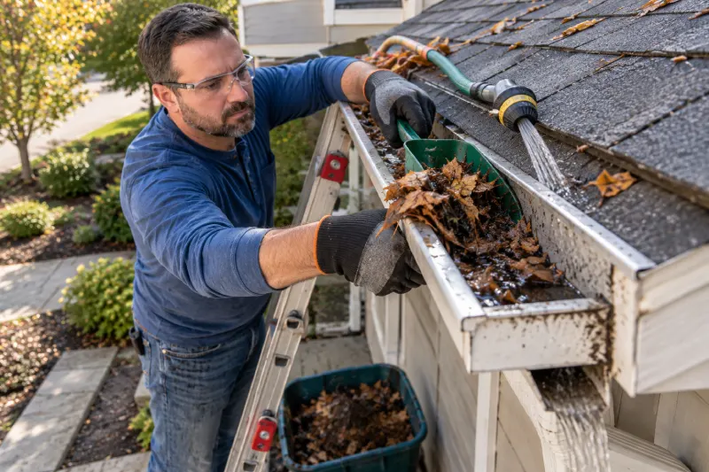 Homeowner removing leaves and debris from a gutter before flushing it with a hose