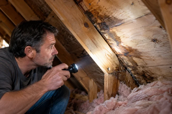Homeowner detecting a roof leak by inspecting stained attic roof sheathing