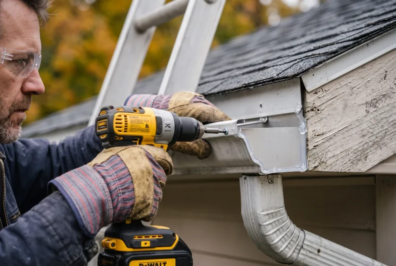 Homeowner repairing a leaking gutter joint with sealant and fasteners