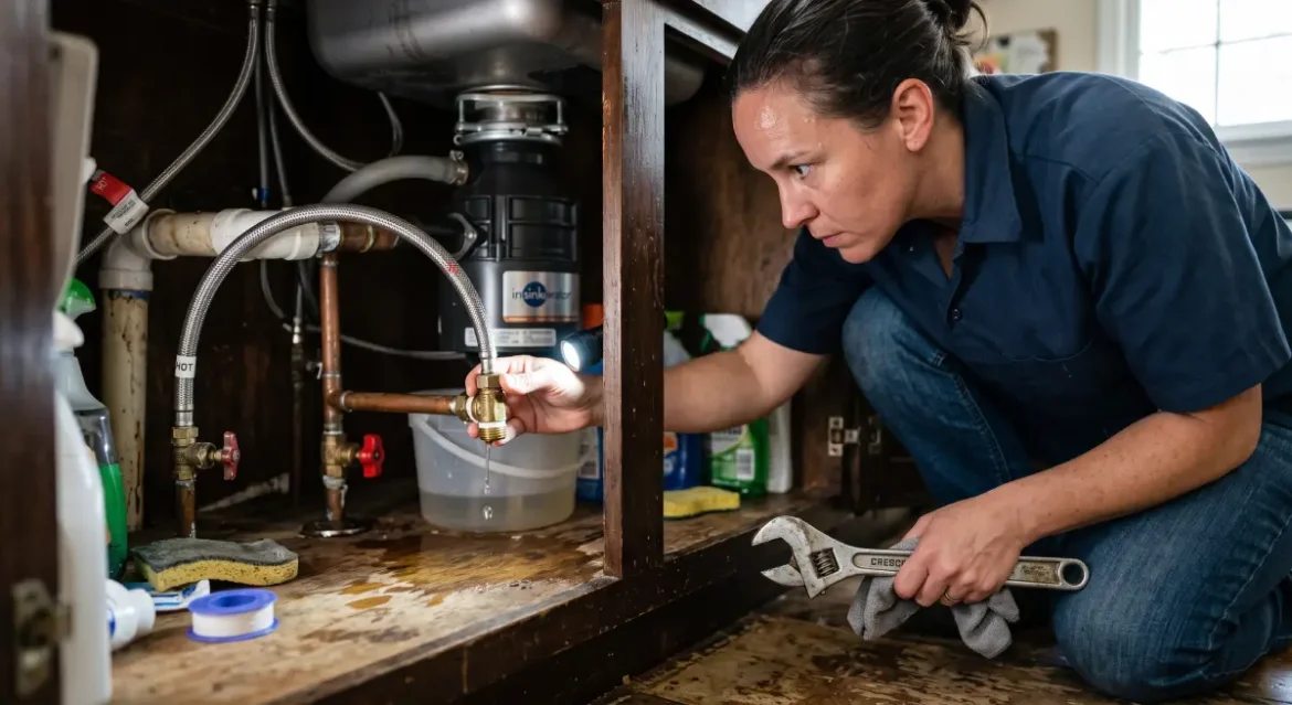 Leaking Pipe Joints: 9 Effective Ways to Stop Costly Water Damage Homeowner inspecting leaking pipe joints beneath a kitchen sink