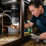 Homeowner inspecting leaking pipe joints beneath a kitchen sink