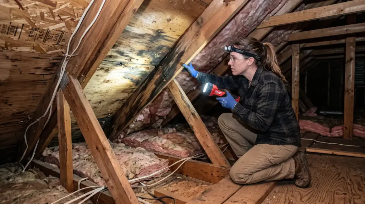 Roof leak detection inspection inside a residential attic showing moisture stains on roof sheathing
