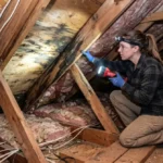 Roof leak detection inspection inside a residential attic showing moisture stains on roof sheathing