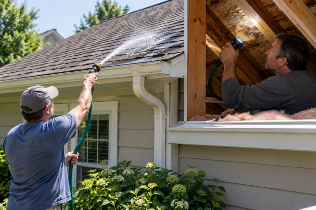 Homeowners performing a controlled garden hose test for roof leak detection