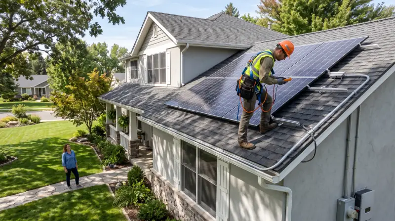 Rooftop solar panels being professionally installed on a residential home