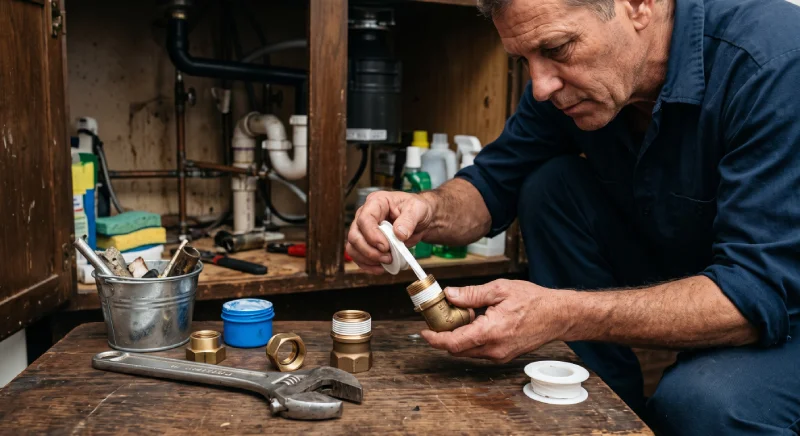 Plumber resealing a threaded pipe joint during repair